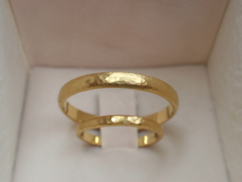 Gold Wedding Rings 14k Solid Yellow Gold Hammered Wedding Band Set of 2 Matching Rings for Men & Women 3mm and 2mm his and hers gold bands image 1