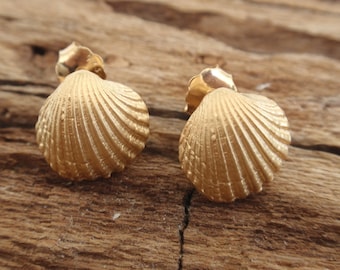 sea shell jewelry gold stud earrings seashell ocean summer beach earrings bridesmaid gift 24k gold plated sterling silver post earrings