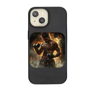 May include: Black phone case with a graphic of a boxer in a fiery ring. The boxer is wearing black boxing gloves and red shorts.