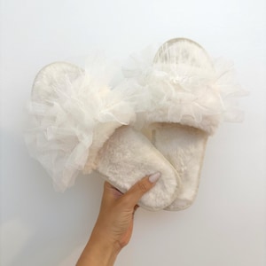 White Slippers with Tulle Trim, Slippers for Bride, Wedding Day Slippers, Bridal Accessories, White Slippers