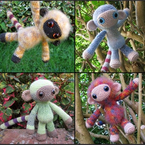 May include: Four crocheted monkey toys in different colors and poses. The monkeys are sitting on branches and grass.