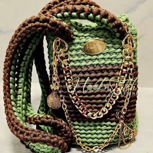 Forest Chic Brown & Green Crochet Crossbody Bucket Bag w/ Chains and Blinged Money Bag Charm