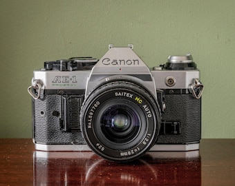 Canon AE1 Program 35mm SLR Film Camera + Boxed Saitex MC Auto 28mm F2.8 Lens