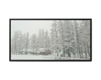 Canvas Wall Art, Winter Cabin Scene, Snowy Trees, Home Decor, Rustic Wall Decor, Holiday Gift