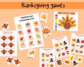 Thanksgiving Games for Kids, Thanksgiving Scavenger Hunt, Thanksgiving Bingo, Thankgiving Turkey Hunt, Roll A Turkey