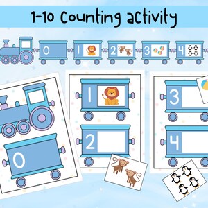 May include: A blue train engine and cars with numbers 0-5. Each car has a different animal or object inside. There are separate cards with the same animals and objects to match to the train cars. The text "1-10 counting activity" is at the top of the page.
