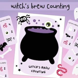 May include: A printable Halloween-themed counting activity for kids. The activity features a black cauldron with purple liquid, a spider, an eyeball, and a ghost. The text "Witch's Brew Counting" is printed on the page.