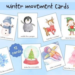 Tarjetas de movimiento de invierno, actividad navideña para niños, tarjetas de acción para niños, actividad preescolar, tarjetas de movimiento