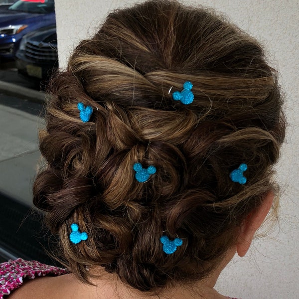 Hidden mickey hair swirls, disney wedding, bright aqua blue acrylic, debs twisties, coils, spins, spirals