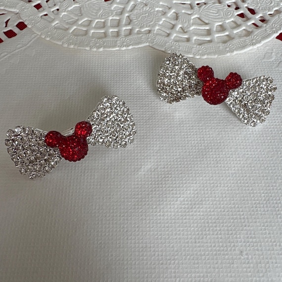 Disney Trip Reveal Rhinestone Bow Barrette with Red Mickey, Silver Tone Setting, French Clasp, 1 Pair