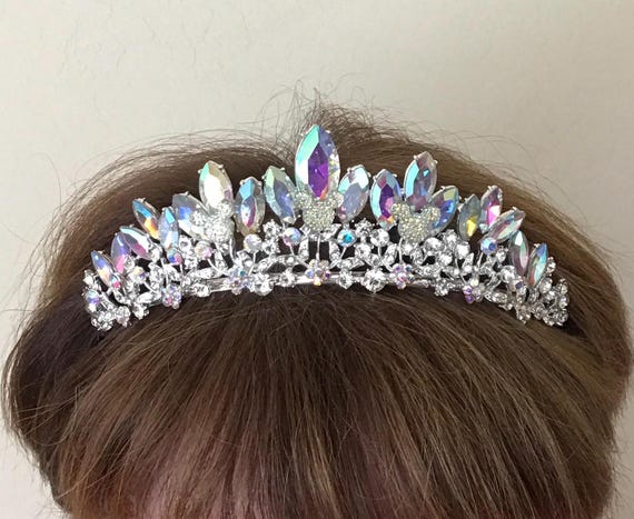 Cinderella tiara, Disney inspired wedding, hidden mickey rhinestone jeweled tiara, silver tone setting, Aurora Borealis Rhinestones
