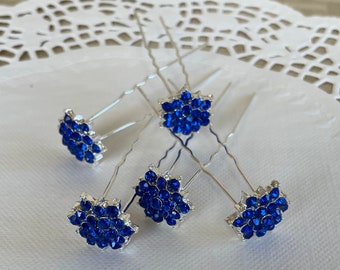 Royal blue rhinestone hair pins, set of 5 flower hair pins for prom, bridal party, formal dance, office party