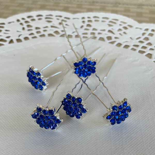 Royal blue rhinestone hair pins, set of 5 flower hair pins for prom, bridal party, formal dance, office party