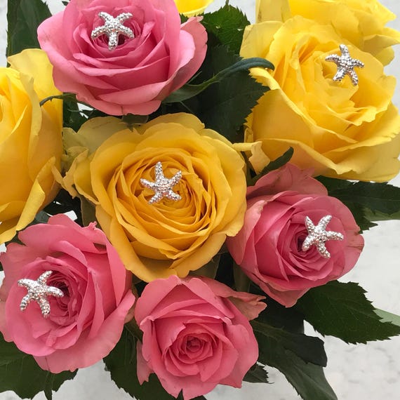 6 Starfish bouquet picks, silver centerpieces, boutonnieres-flower pins, floral pins, destination wedding-bridal flower posts