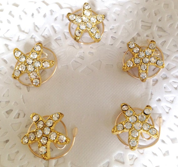 5 Starfish Hair Spins Beach Wedding Sparkle Mermaid Hair Twists Coils Spirals Gold Tone and Rhinestones