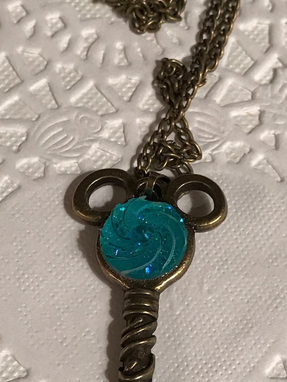 Mouse Ears Key to the Kingdom Necklace Steam Punk Jewelry Hidden Mouse Aqua Blue