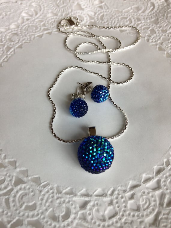 Peacock Blue Sparkle Necklace Earring Set, AB Finish Beads, Silver Tone Chain