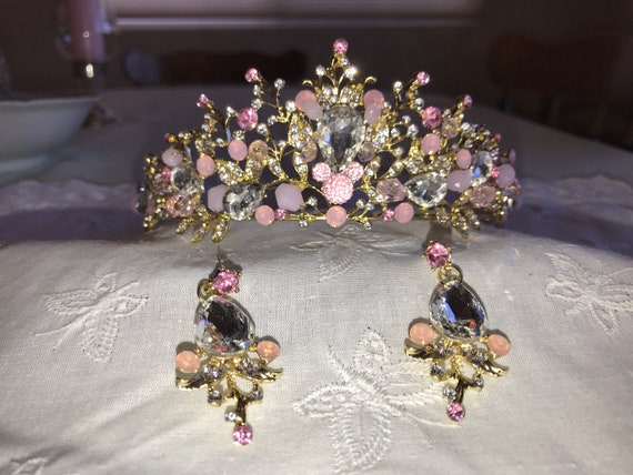Disney Inspired Wedding-Crystal Clear and Pink Rhinestone Jeweled Tiara-Golden Setting-Hidden Mickey-Bride To Be Shower Gift