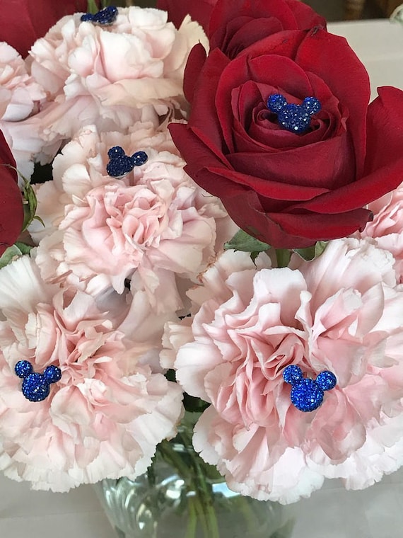 Hidden Mickey-Disney Inspired-Mouse Ears Bouquets-Wedding Flower Picks-Floral Pins-Flower Posts-Royal Blue Bridal Flowers Qty 6