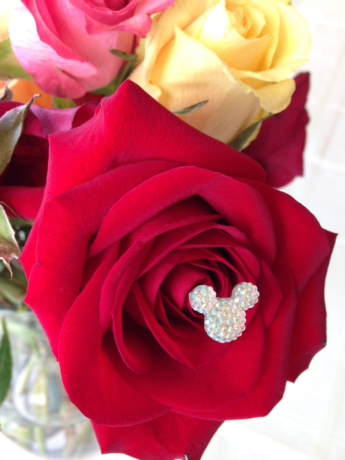 12 Disney Wedding Flower Pins-hidden Mickey Mouse Ears Bouquet-flower Picks-floral  Pins-flower Posts Clear AB Bridal Flowers 