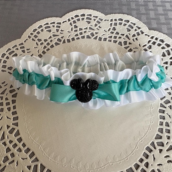 White and Tiffany Blue, Disney Wedding Garter-Black MInnie Mouse