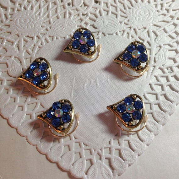 Ballroom Dancing Hair Swirls-Prom-Bridesmaids-Debutante Ball-Blue Flower Hair Spins- Antique Gold Tone Setting