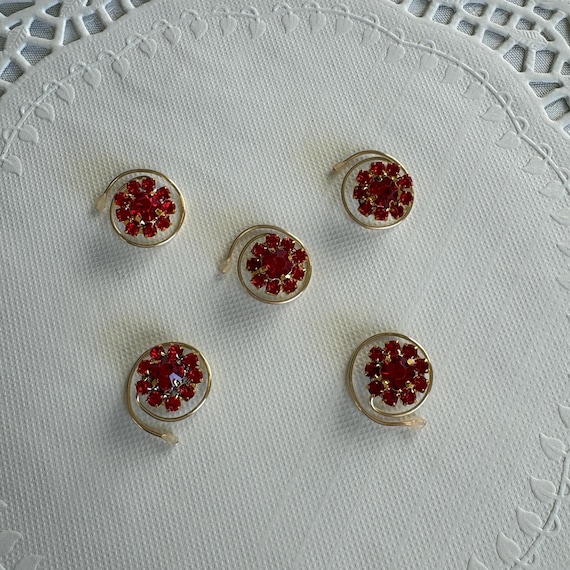 Red Rhinestone Flower Hair Swirls - Gold Tone Hair Coils, Set of 5