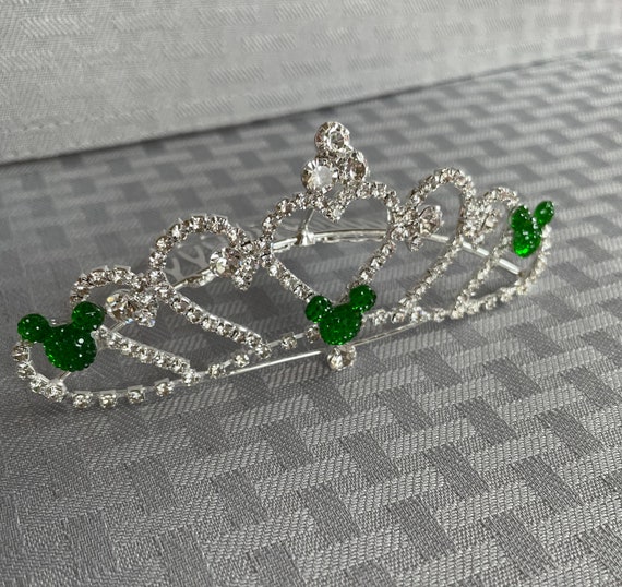 Green Hidden Mickey, Disney Wedding Comb, Mini Heart Tiara, Crystal Rhinestones, Silver Tone Setting