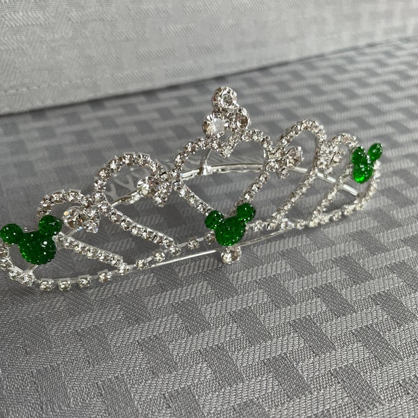 Green Hidden Mickey, Disney Wedding Comb, Mini Heart Tiara, Crystal Rhinestones, Silver Tone Setting