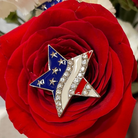 Military wedding flower picks, 4th of July bridesmaids, flower pins, red white blue stars and stripes