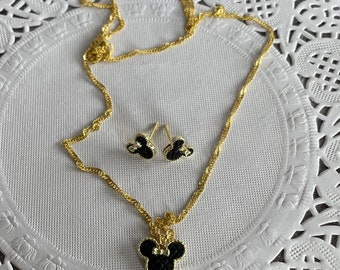 Minnie mouse necklace and pierced earrings set, Disney wedding party, black and gold, Disney cruise