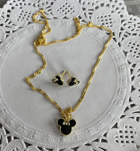 Minnie mouse necklace and pierced earrings set, Disney wedding party, black and gold, Disney cruise