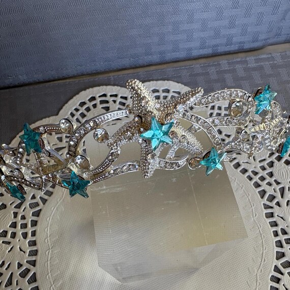 Silver Starfish Tiara with Aqua Stars