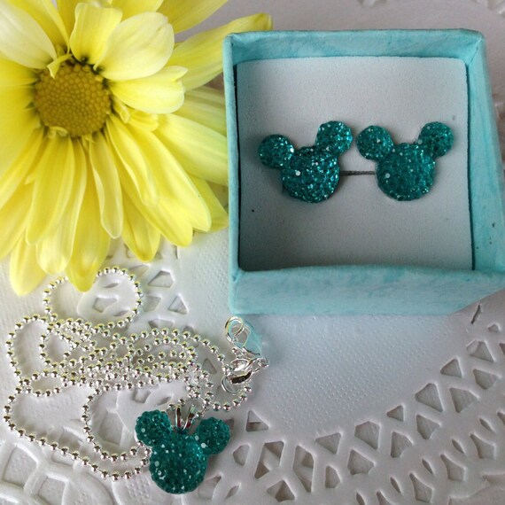 MOUSE EARS Necklace and Earrings Set-Disney Inspired Wedding Party-Choose Colors