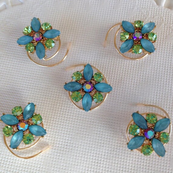 Ballroom Dancing Hair Swirls Lime & Aqua Rhinestones in Gold Tone Setting Bridesmaids Hair