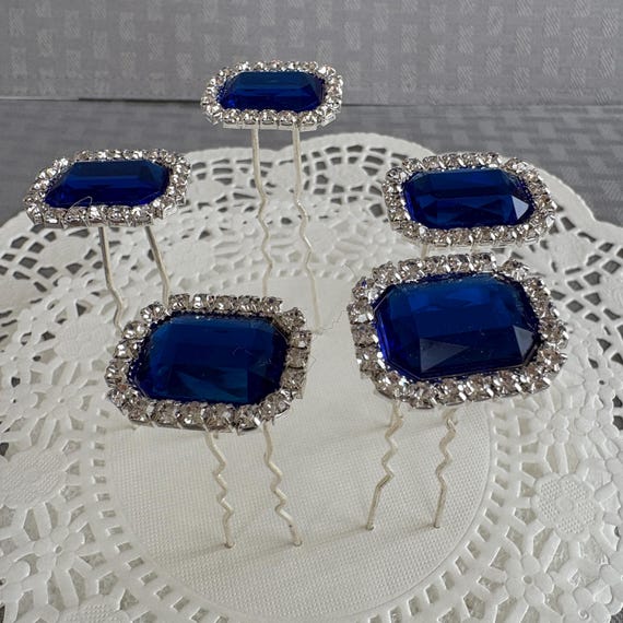Royal Blue Rhinestone Hair Pins, Wedding Bridal Prom Hair Accessories (Set of 5)