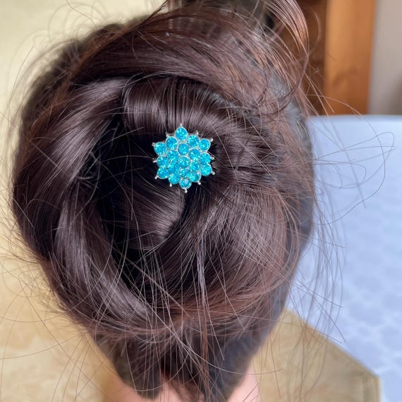 Aqua Blue  rhinestone hair pins, Set of 5 flower hair Upins
