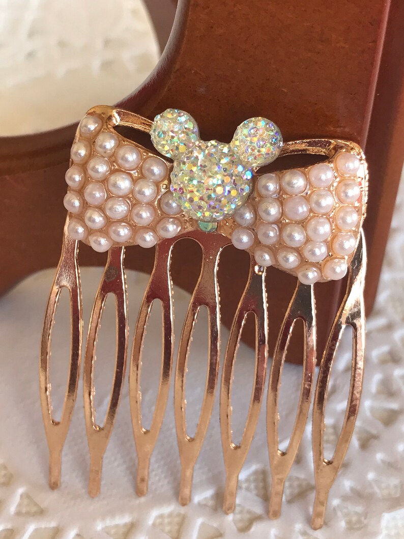 Golden Pearl Comb-Mouse Head Silhouette-Disney Wedding Bridesmaids-Flower Girl-Bride