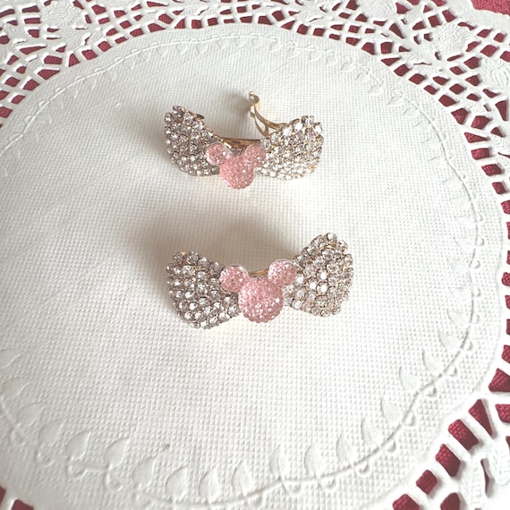 Rhinestone Bow Barrette with Pink Mickey, Golden Setting, French Clasp, 1 Pair