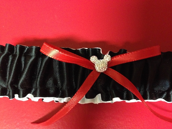 MOUSE EARS Wedding Garter-Bridal Garter-Red and Black-Disney Shower Gift