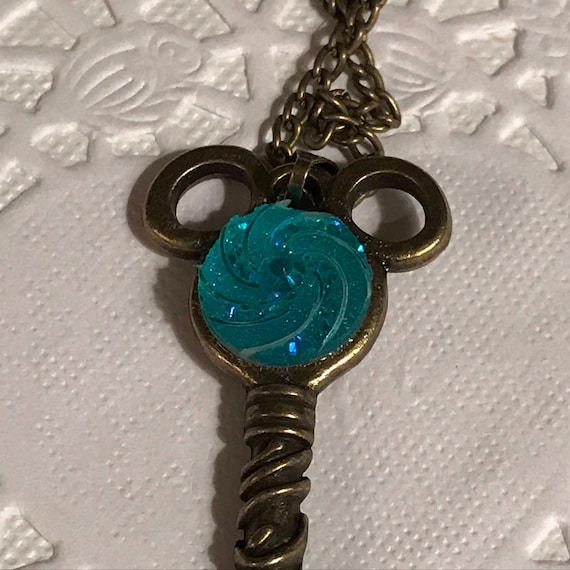 Mouse Ears Key to the Kingdom Necklace Steam Punk Jewelry Hidden Mouse Aqua Blue