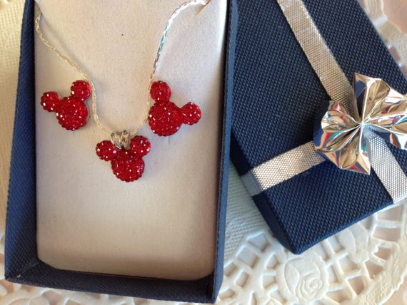 Hidden Mickey-Necklace and Earrings Set-Disney Wedding Party-Dazzling Bright Red Acrylic