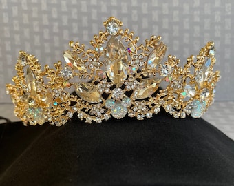 Golden setting tiara with hidden Mickeys, Disney inspired wedding, crystal clear and clear ab rhinestone jeweled tiara