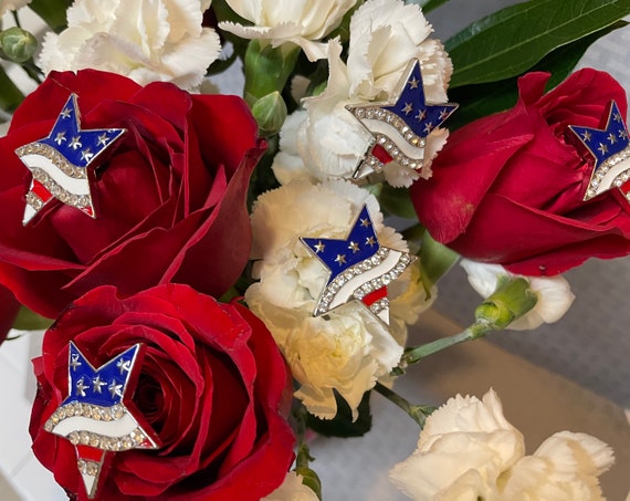 Military Wedding Flower Picks-4th of July Bridesmaids-flower  Pins-red-white-blue-stars and Stripes 