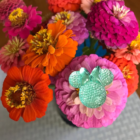 Minnie Mouse Flower Pins-Disney Wedding Bouquet Picks-Mouse Ears-Aqua Set of 6