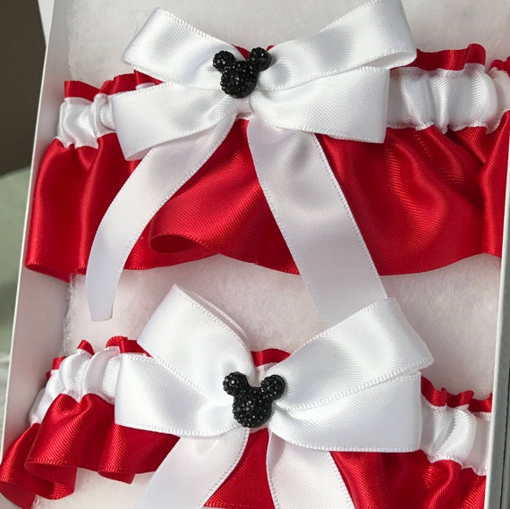 Hidden Mickey wedding garter, bridal garter keepsake tossing garter set, white on red with black mickey