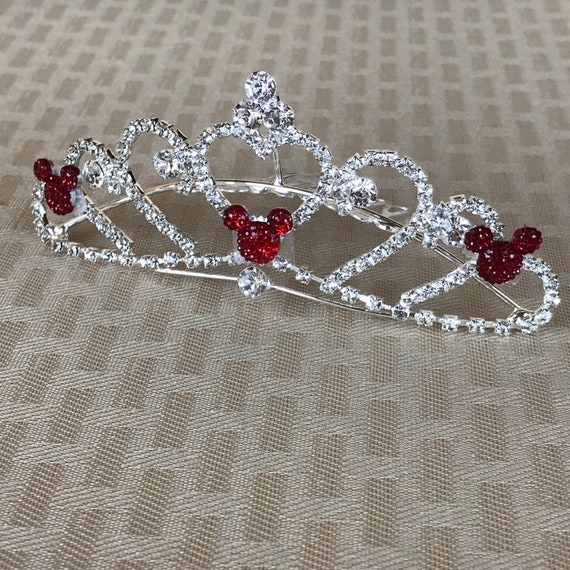 Hidden Mickey-Disney Wedding Comb-Mini Heart Tiara-Crystal Rhinestones-Silver Tone Setting-Clear Jeweled rhinestones