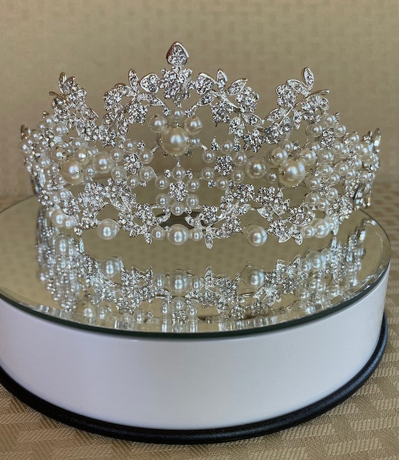 Pearl Rhinestone Tiara, Silver Tone, Hidden Mickey, Disney 