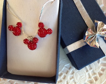 Set di collana e orecchini con orecchie da topo in acrilico rosso, matrimonio Disney