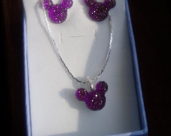 MOUSE EARS Necklace and Earrings Set for Themed Wedding Party in Dazzling Purple Acrylic